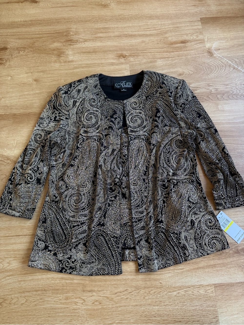 NWT Alex Evenings Black and Gold Sparkly Paisley 2 Piece Set Jacket Tank Medium